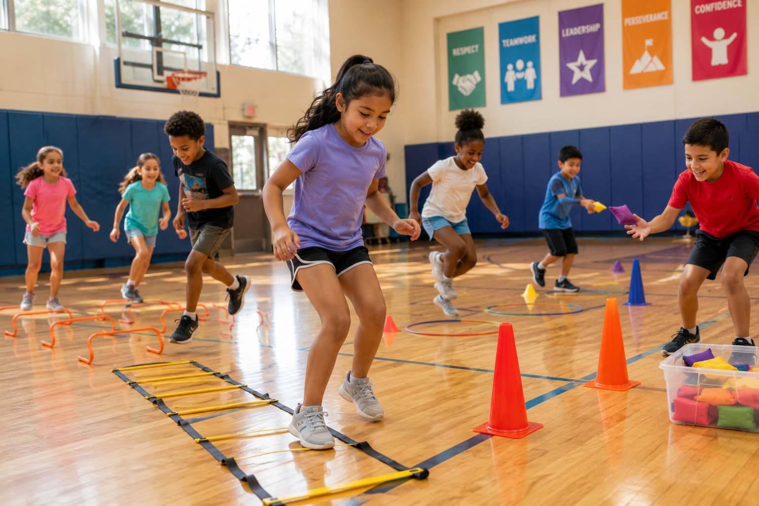 Coach-led agility and movement station with Mini Me athletes in the gym